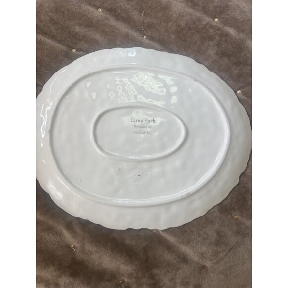 Luna Park 11" Serving Plate White textured oval Silver ruffled Rim - Picture 2 of 4